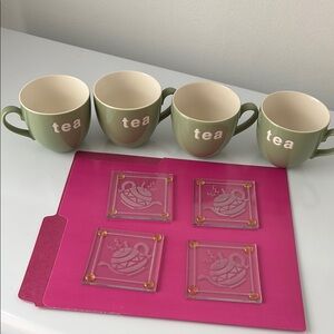 Green Tea cups & tea bag coaster NWOT